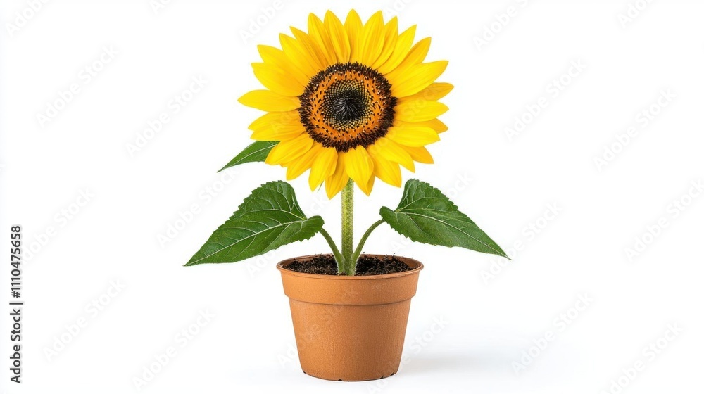 Obraz premium A photostock of a vibrant yellow sunflower in full bloom, isolated on a white background, symbolizing happiness and summer. High Quality