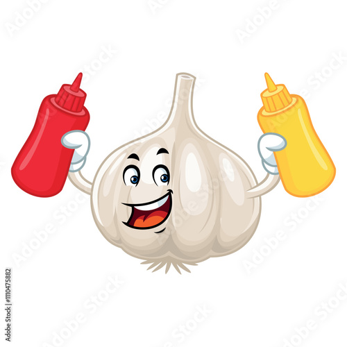 Happy Garlic Cartoon Character Holding Ketchup and Mustard.