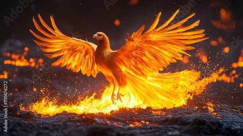 A Majestic Phoenix Rising from the Fiery Ashes in a Blaze of Bright Flames photo