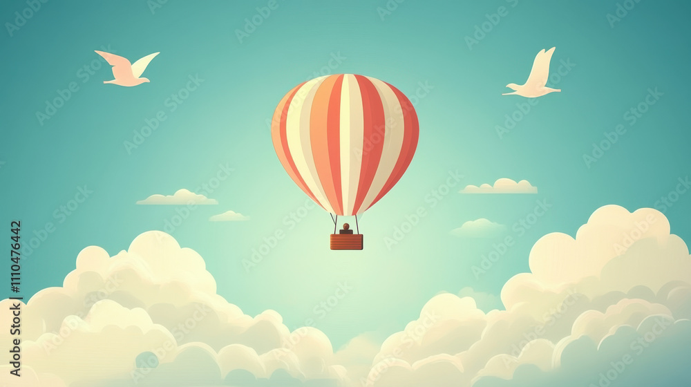 Naklejka premium Coming up. A colorful hot air balloon floats among clouds, with birds soaring nearby, creating a serene and whimsical atmosphere.