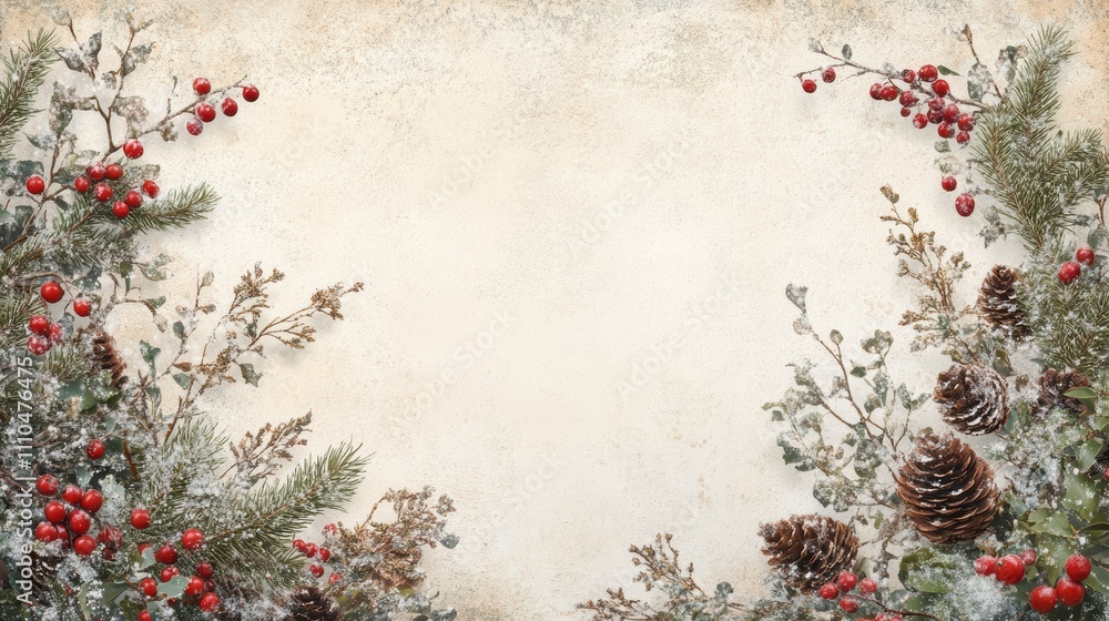 Snowdusted fir branches with red berries and pine cones border Snowdusted fir branches with red berries and pine cones border