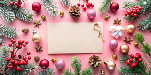 Holiday decorations surround a blank card, featuring pine branches, ornaments, and berries, creating a cheerful seasonal atmosphere perfect for personalized messages