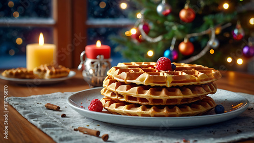 Delicious golden waffles topped with raspberries and blueberries, served on a plate near a Christmas tree and candles.