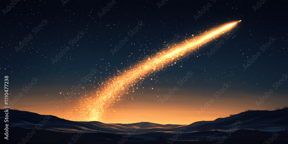 Coming up. A comet streaks across a starry night sky, leaving a glowing trail over a serene landscape, creating a breathtaking cosmic scene. Coming up. A comet streaks across a starry night sky, leaving a glowing trail over a serene landscape, creating a breathtaking cosmic scene.