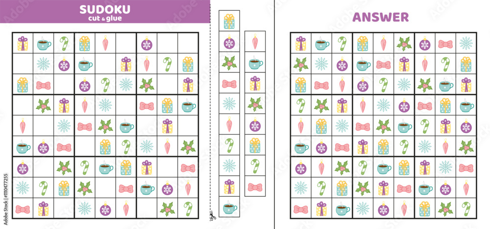 Hard sudoku with nine winter and Christmas elements. Game puzzle for kids. Cut and glue. Cartoon, isolated, vector, eps 10 Hard sudoku with nine winter and Christmas elements. Game puzzle for kids. Cut and glue. Cartoon, isolated, vector, eps 10
