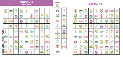 Hard sudoku with nine winter and Christmas elements. Game puzzle for kids. Cut and glue. Cartoon, isolated, vector, eps 10