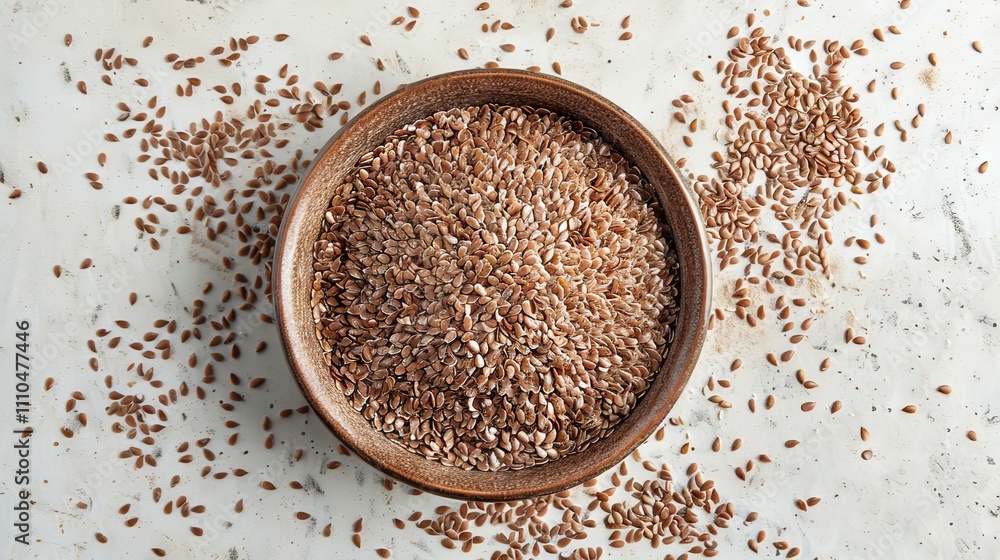 Overhead View of Flax Seeds in a Bowl on a Rustic Tabletop. Concept of Healthy Eating, Vegan Nutrition, Organic Foods, Plant-Based Diet, Superfoods Overhead View of Flax Seeds in a Bowl on a Rustic Tabletop. Concept of Healthy Eating, Vegan Nutrition, Organic Foods, Plant-Based Diet, Superfoods