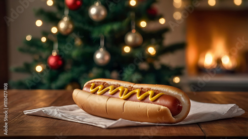 Delicious hot dog with mustard on a bun, Christmas tree and fireplace background. photo