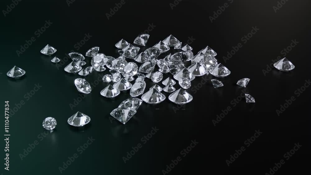 Diamonds falling down on black table in dark scene. Animated 3d rendering of gemstones on black background Diamonds falling down on black table in dark scene. Animated 3d rendering of gemstones on black background
