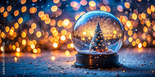 A decorative snow globe showcases a miniature Christmas tree nestled in snow, illuminated by warm, colorful lights in a cozy winter setting