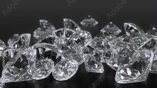Close up view diamonds falling down on black table in dark scene. Animated 3d rendering of gemstones on black background isolated