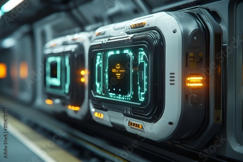 Advanced modular cargo units in a futuristic transportation system with glowing digital interfaces