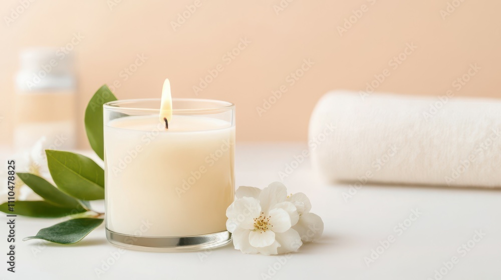A candle is lit in a glass container with a white flower next to it A candle is lit in a glass container with a white flower next to it