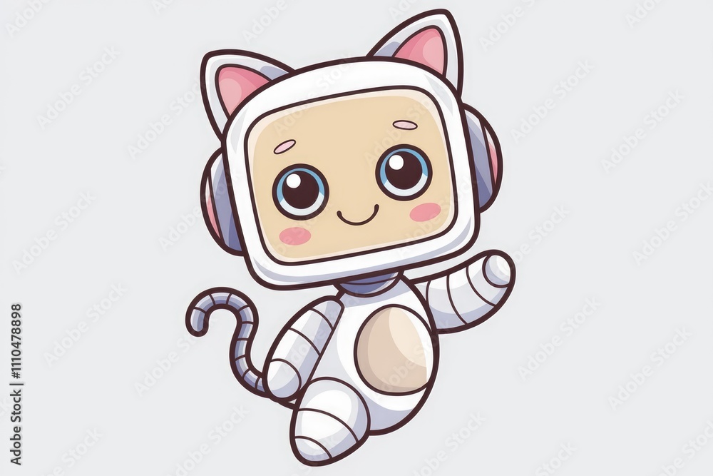 Fototapeta premium Adorable robotic cat astronaut with big eyes and a cute smile waving happily.
