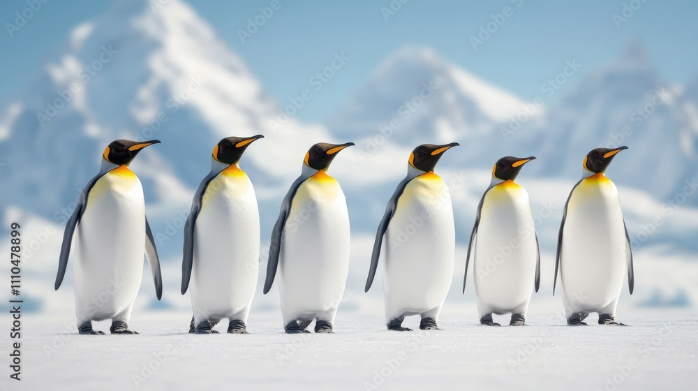 Fototapeta premium A group of penguins standing in a line on a snowy mountain