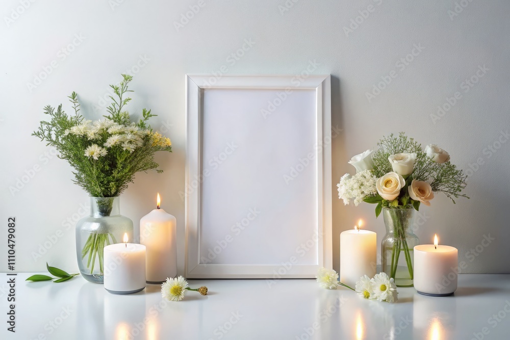 Elegant Poster Frame Mockup with Candle, Flowers, and Badge on White Background for Home Decor Inspiration and Creative Display Ideas Elegant Poster Frame Mockup with Candle, Flowers, and Badge on White Background for Home Decor Inspiration and Creative Display Ideas