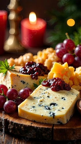 Luxurious Christmas spread of assorted French cheeses, grapes, and nuts, rustic wooden board, candlelight, holiday atmosphere