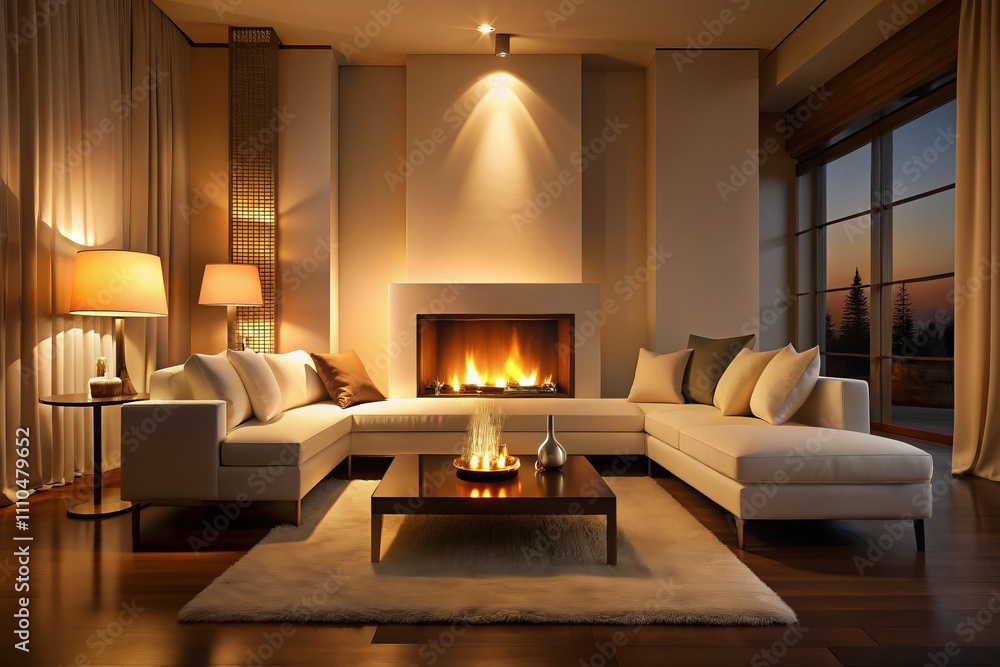 Fototapeta premium Elegant Silhouette of a Cozy Living Room with a White Couch and a Warm Fireplace Surrounded by Soft Lighting and Stylish Decor for Home Interior Inspiration