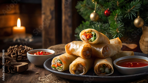 Delicious vegetable spring rolls stacked on a plate with two dipping sauces, set against a cozy Christmas background.
