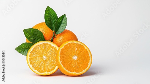 A photostock of freshly sliced oranges arranged in a neat circle, placed on a clean white background, juicy and vibrant. High Quality