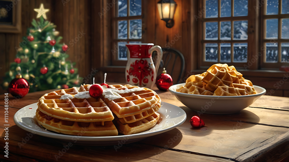 Delicious waffles with whipped cream and cherry on wooden table, Christmas tree and snow scene in background. Delicious waffles with whipped cream and cherry on wooden table, Christmas tree and snow scene in background.