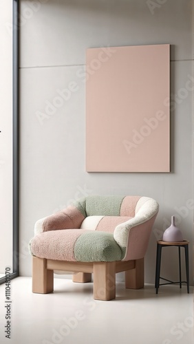 Generative AI  A Unique Modern Room with a Soft Pastel Palette  Textured Concrete Walls  and a Sculptural Lounge Chair for a Balanced Aesthetic