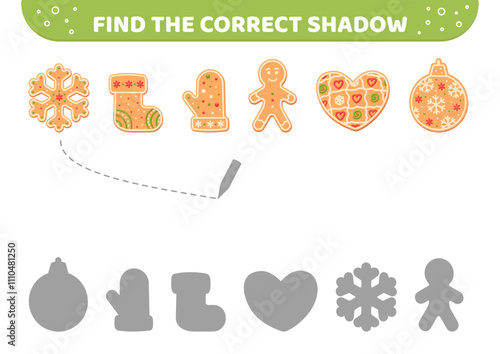 Find the correct shadow. Christmas gingerbreads in glaze. Shadow matching game. Isolated vector illustration eps 10