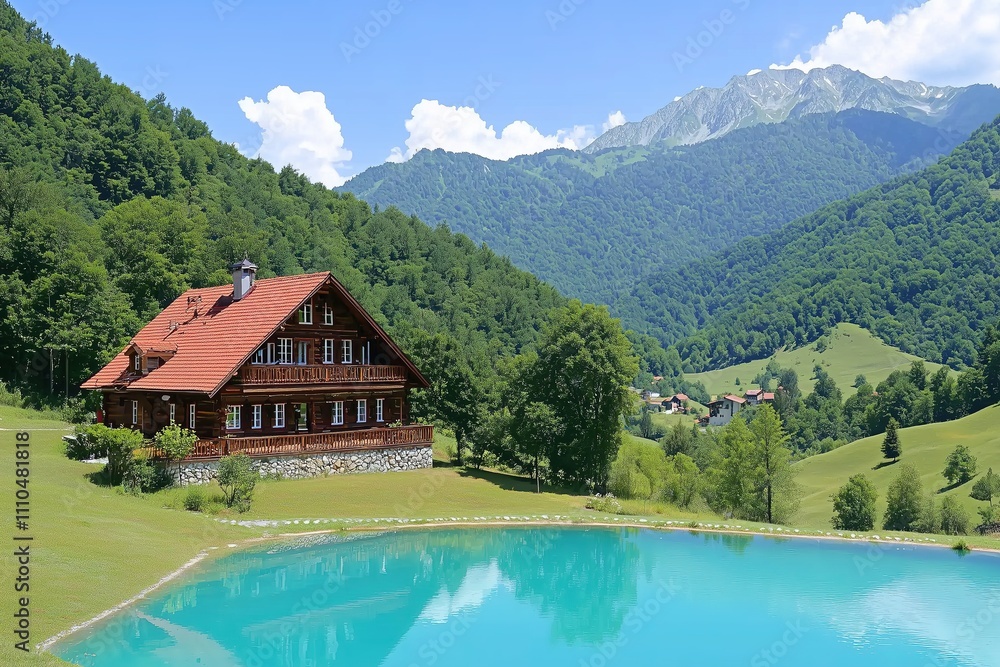 Charming wooden cabin by a serene lake in lush mountain landscape under clear blue skies. Charming wooden cabin by a serene lake in lush mountain landscape under clear blue skies.