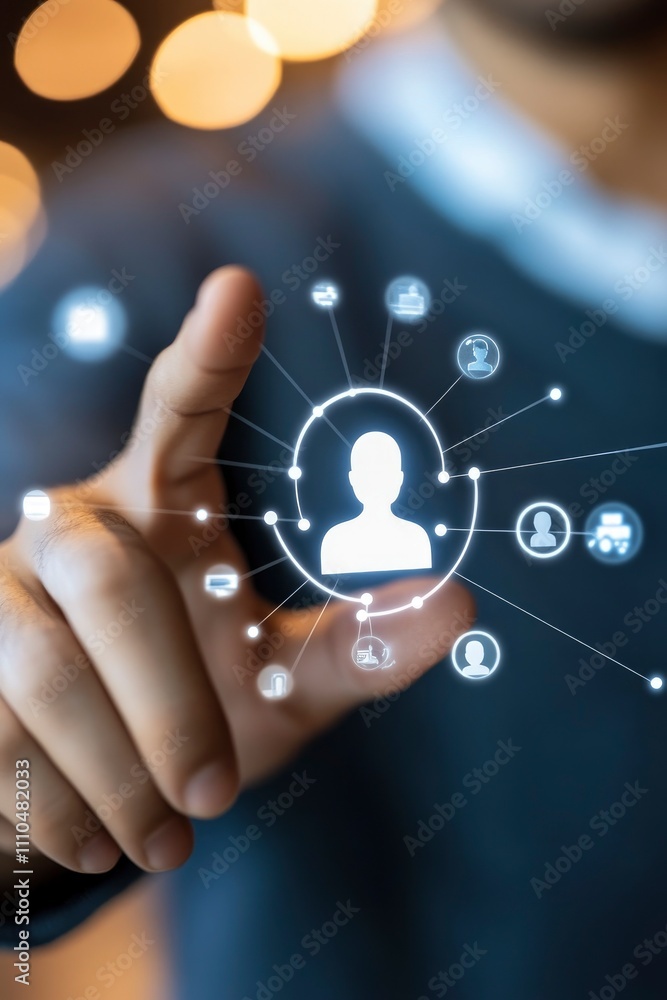 Businessman touching a virtual screen with a human icon on it, showing the connection between employees and customers in a business network concept. Businessman touching a virtual screen with a human icon on it, showing the connection between employees and customers in a business network concept.