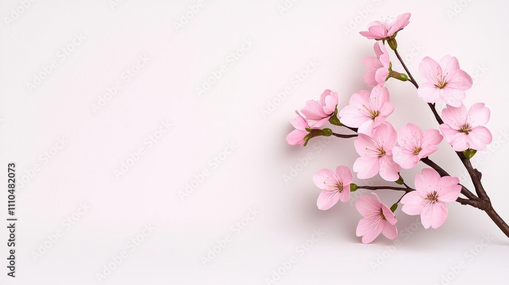 Naklejka premium A photostock of realistic cherry blossoms in soft pink hues, blooming on delicate branches, isolated on a clean white background, elegant and natural. High Quality