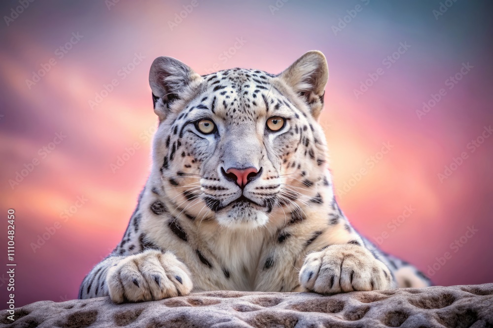 Obraz premium Elegant White Leopard Against Soft Pink Background, Capturing the Grace and Beauty of Nature in a Stunning Architectural Photography Style