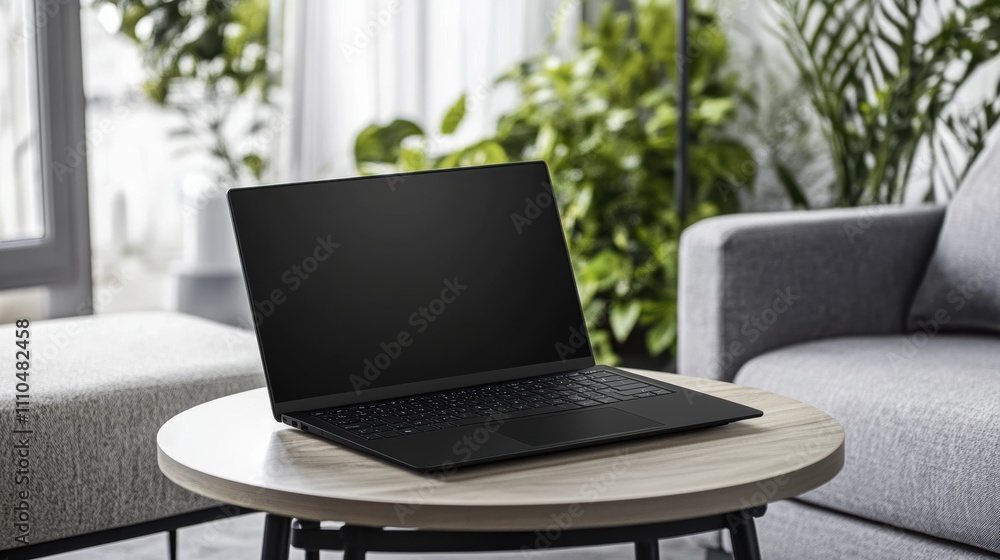 Black laptop on round coffee table in minimalist scandinavian interior Black laptop on round coffee table in minimalist scandinavian interior