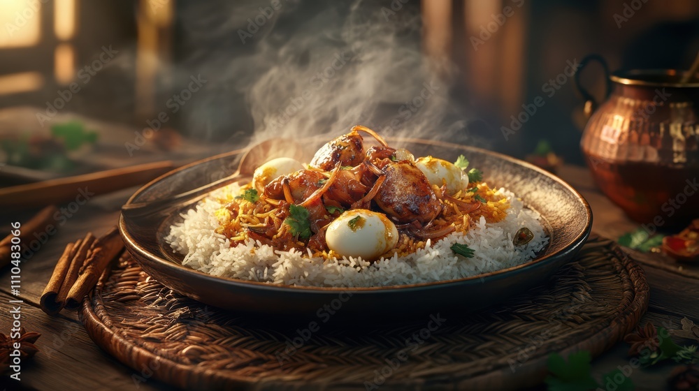 Steaming biryani with fried onions and eggs on rustic table