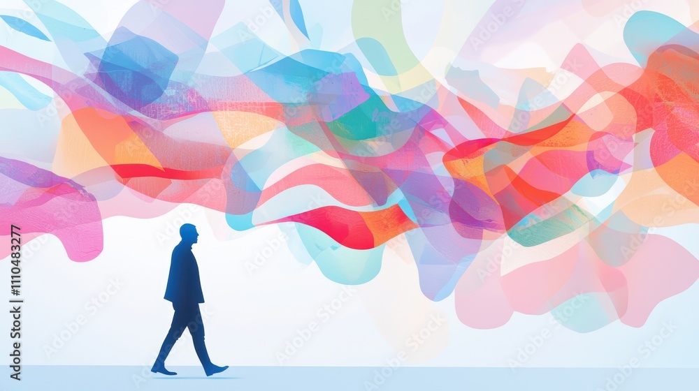 Human Silhouette Walking Through a Colorful Abstract Maze with Fluid Waves and Vivid Hues Human Silhouette Walking Through a Colorful Abstract Maze with Fluid Waves and Vivid Hues