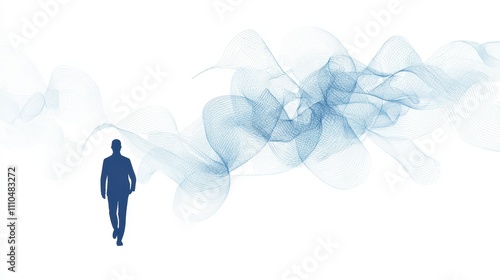 Human Silhouette Walking Through Abstract Maze of Wavy Lines and Patterns in a Minimalistic Style