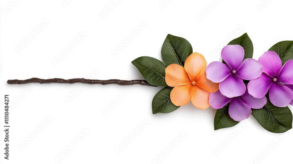 Naklejka premium A photostock of a colorful Hawaiian lei made of plumeria flowers in vibrant shades, isolated on a clean white background. High Quality