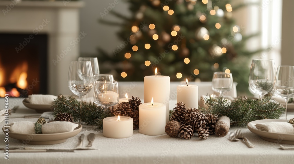 Minimalist holiday table with pinecones candles and christmas tree Minimalist holiday table with pinecones candles and christmas tree