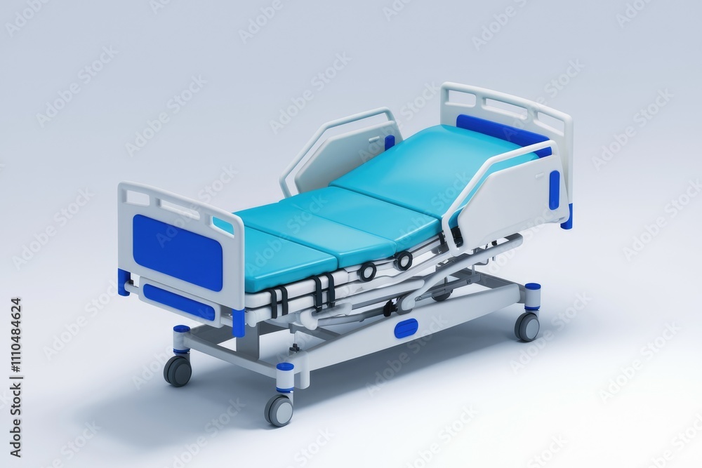 A modern hospital bed with a light blue mattress designed for patient comfort and ease of use. A modern hospital bed with a light blue mattress designed for patient comfort and ease of use.