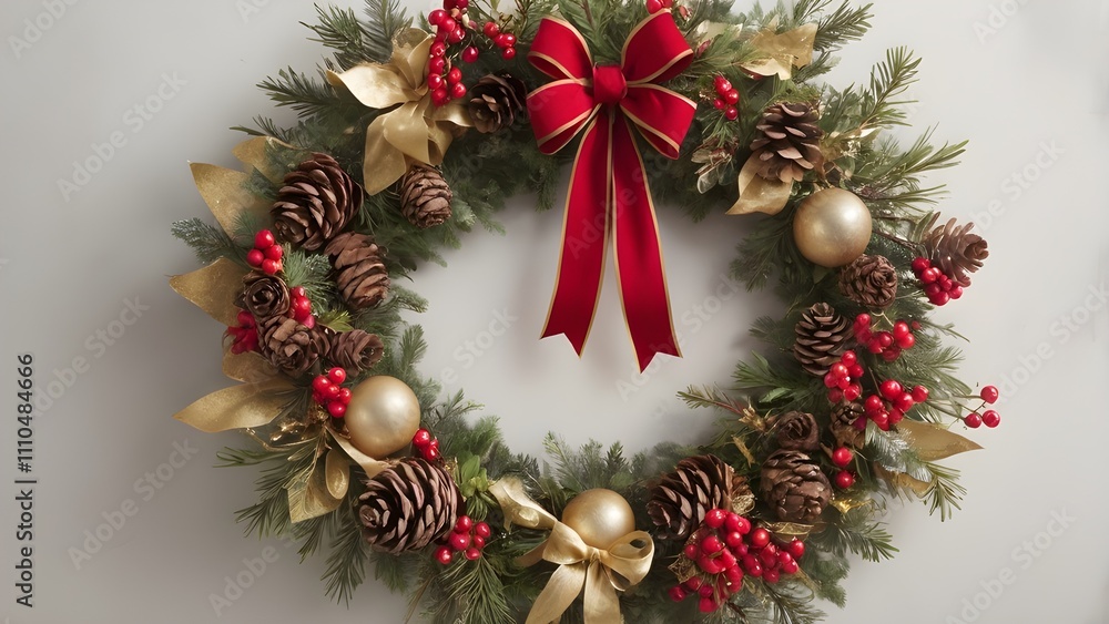 Christmas wreath adorned with red berries pinecones and golden ribbons Christmas wreath adorned with red berries pinecones and golden ribbons