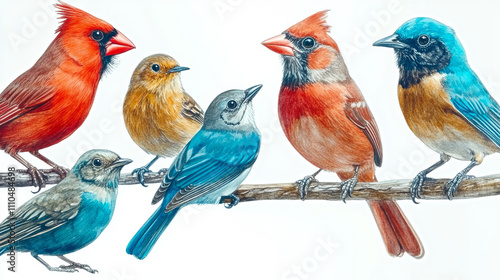 vibrant realistic bird art a colorful display of northern cardinals and bluebirds on a branch