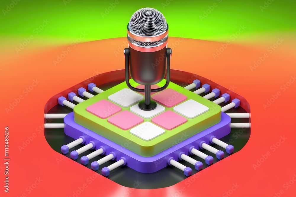 A microphone sits atop a colorful CPU symbolizing voice technology integration in computing. A microphone sits atop a colorful CPU symbolizing voice technology integration in computing.