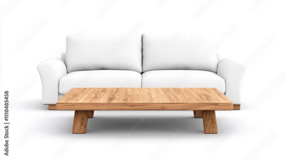 Obraz premium A photostock of a fluffy white couch paired with a modern coffee table, isolated on a clean white background for furniture advertisements. High Quality