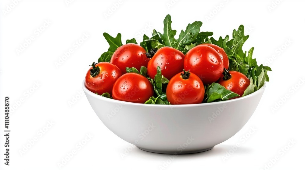 A photostock of a fresh salad bowl filled with crisp greens, cherry tomatoes, and colorful vegetables, isolated on a clean white background for healthy food themes. High Quality A photostock of a fresh salad bowl filled with crisp greens, cherry tomatoes, and colorful vegetables, isolated on a clean white background for healthy food themes. High Quality