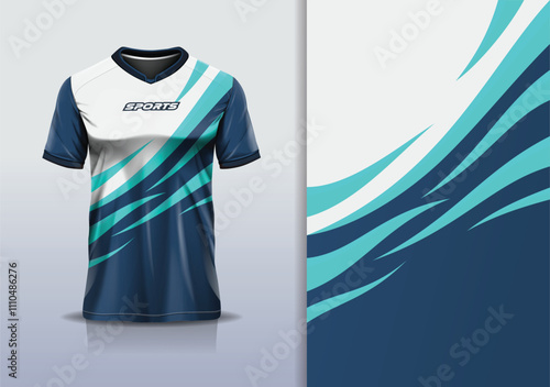 T-shirt mockup abstract curve line jersey design for football, soccer, racing, esports, running, in blue white  green white color