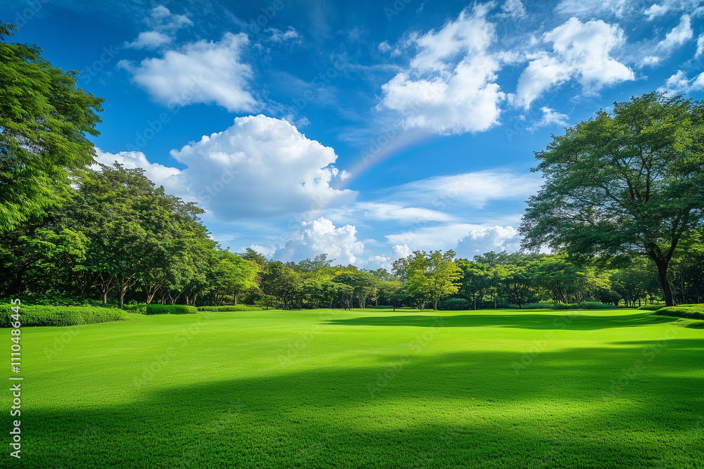 Scenic green park with blue sky and faint rainbow Scenic green park with blue sky and faint rainbow