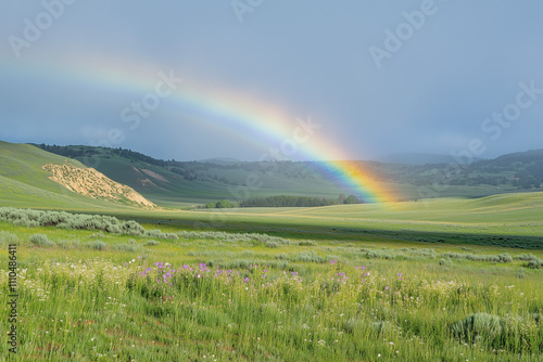  Rainbow over green meadow and rolling hills