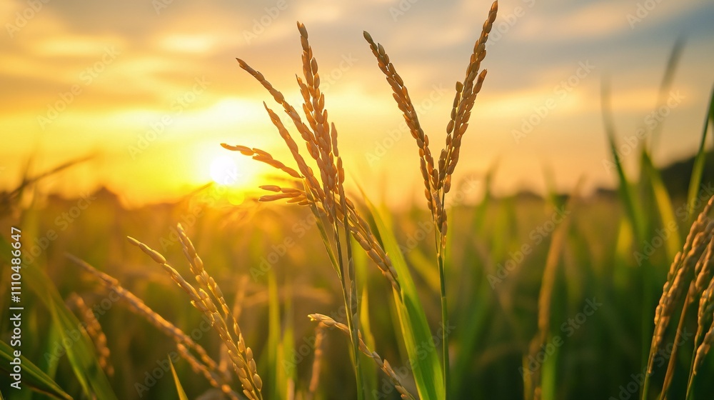 Close up to rice spike in rice field with sunset background with copy space. Close up to rice spike in rice field with sunset background with copy space.