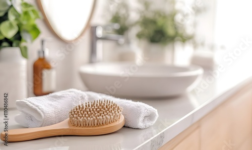 hair brush and a hand towel and a hand mirror laying on a bathroom counter in a nice bathroom, Generative AI 