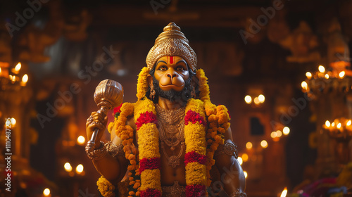 Hanuman Jayanti statue standing majestically with mace in hand, Ai generated images