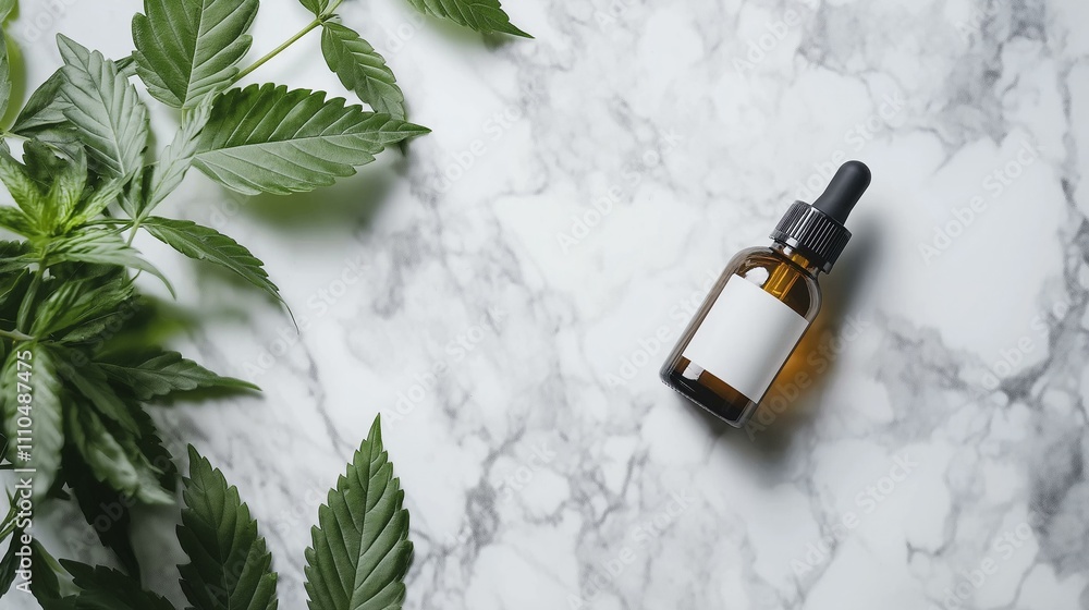 Essential oil dropper bottle on marble surface with fresh green leaves, offering a natural and calming essence. Essential oil dropper bottle on marble surface with fresh green leaves, offering a natural and calming essence.